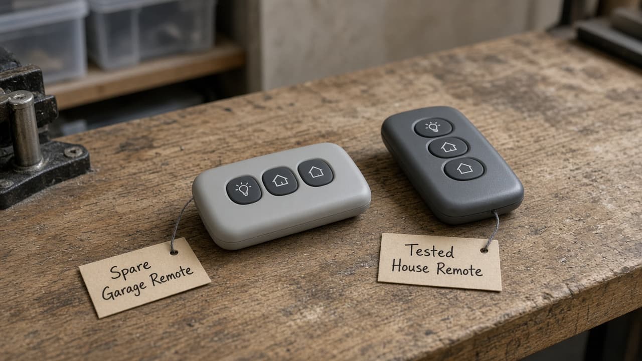 Labeled spare garage remote next to a tested house remote