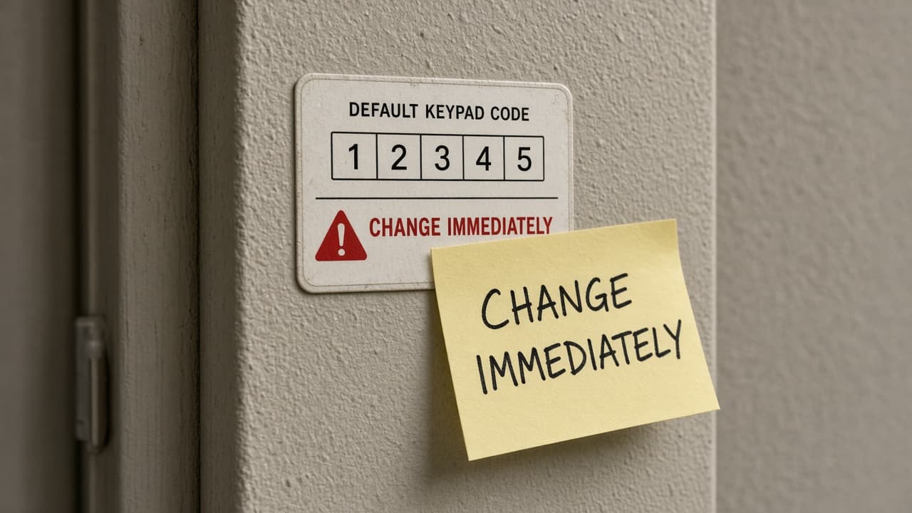 Default keypad code sticker marked change immediately