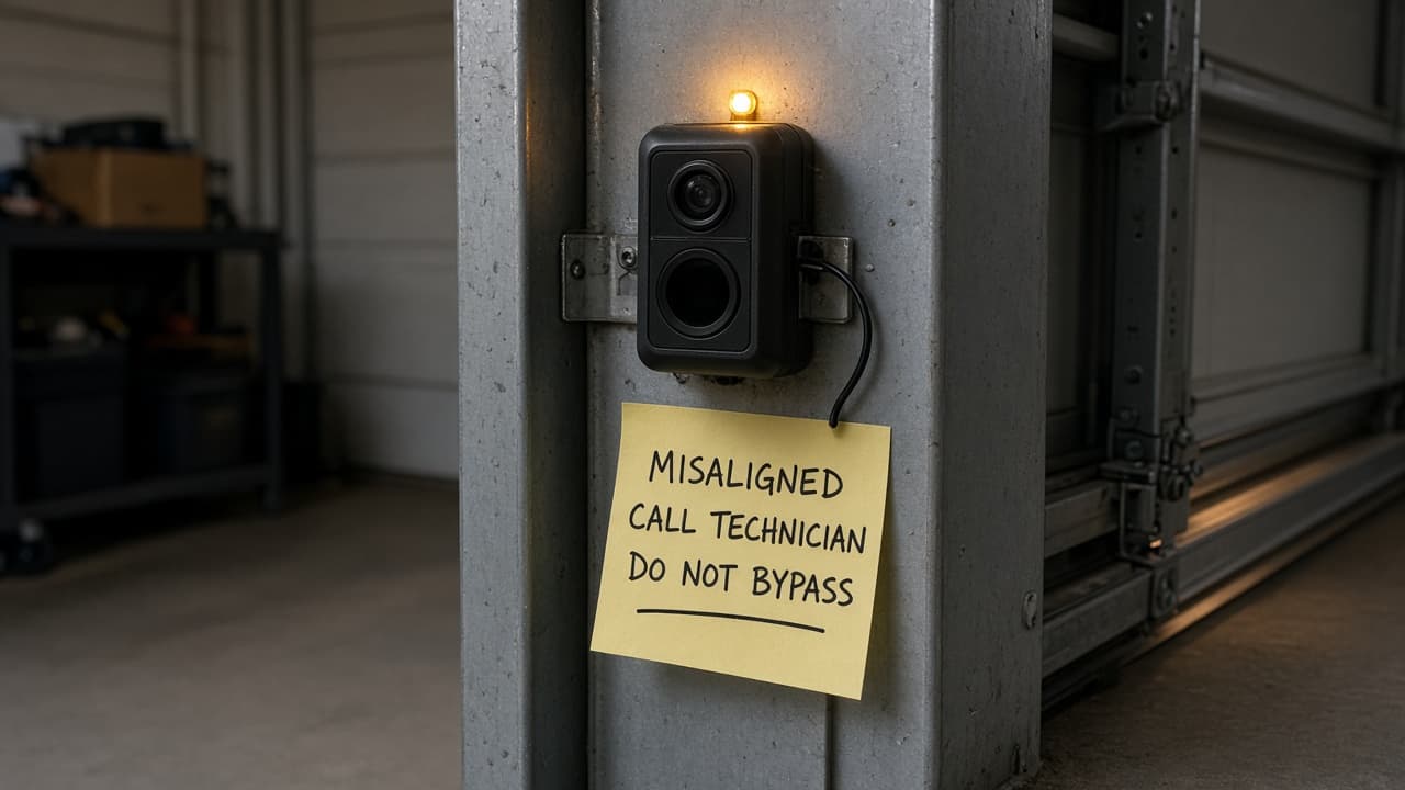 Misaligned photo-eye marked call technician do not bypass