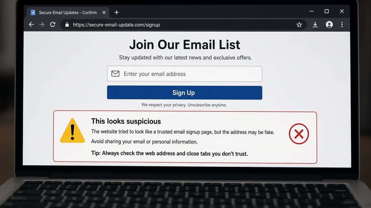 Suspicious look-alike signup page closed in the browser