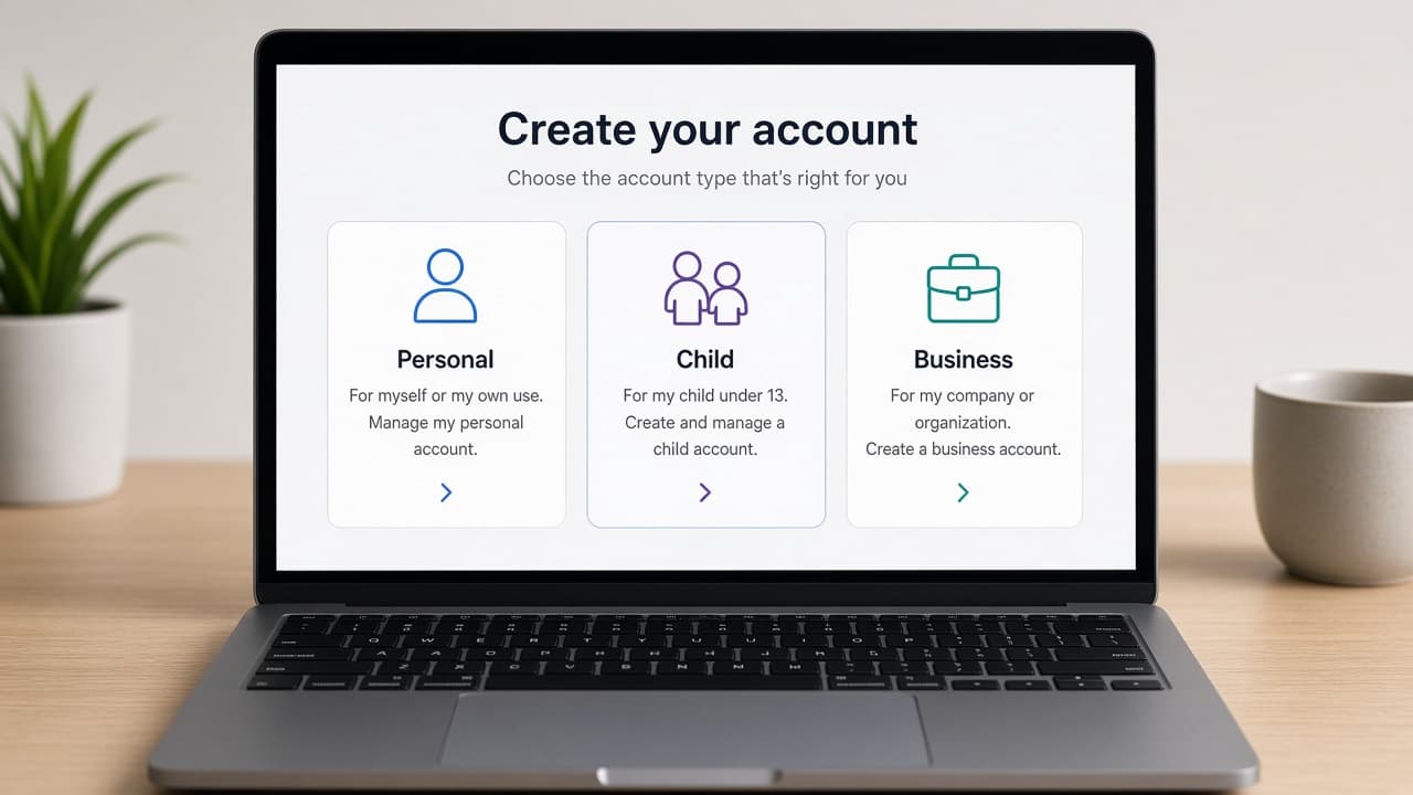 Account type choices for personal child or business signup