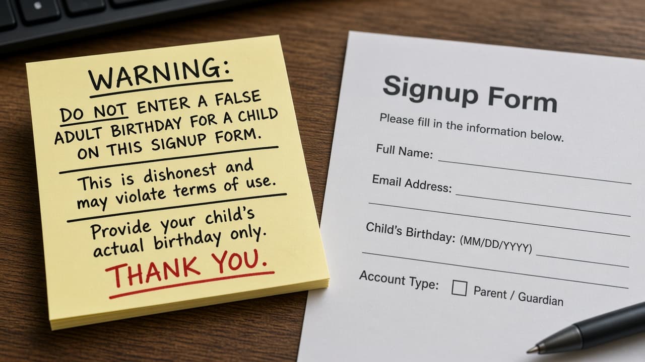 Warning not to enter a false adult birthday for a child