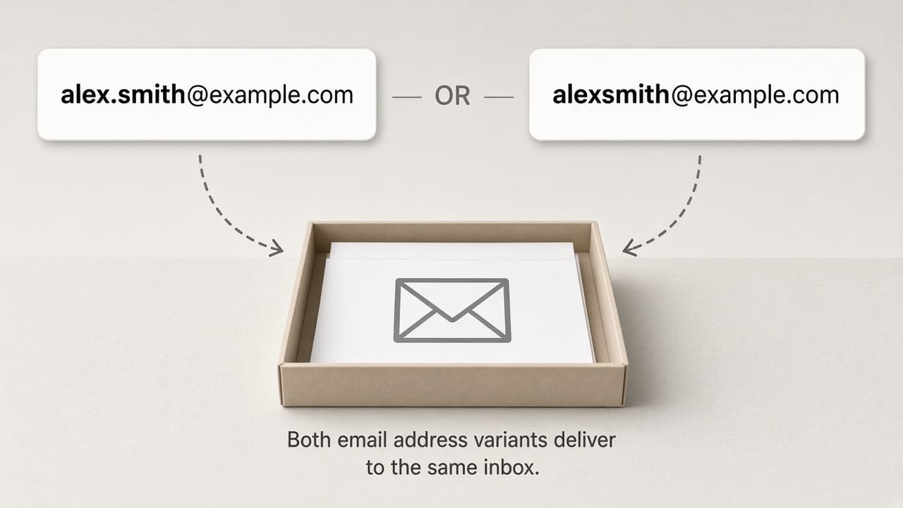 Diagram showing dotted Gmail usernames delivering to the same inbox