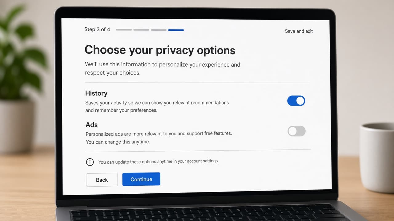 Google privacy options screen during account creation