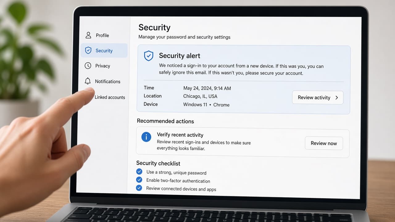Google security alert email opened cautiously from the account page