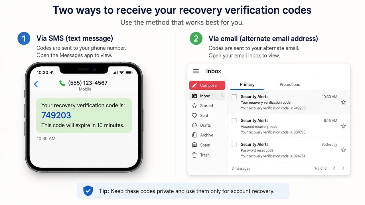Recovery verification codes received on phone and alternate email