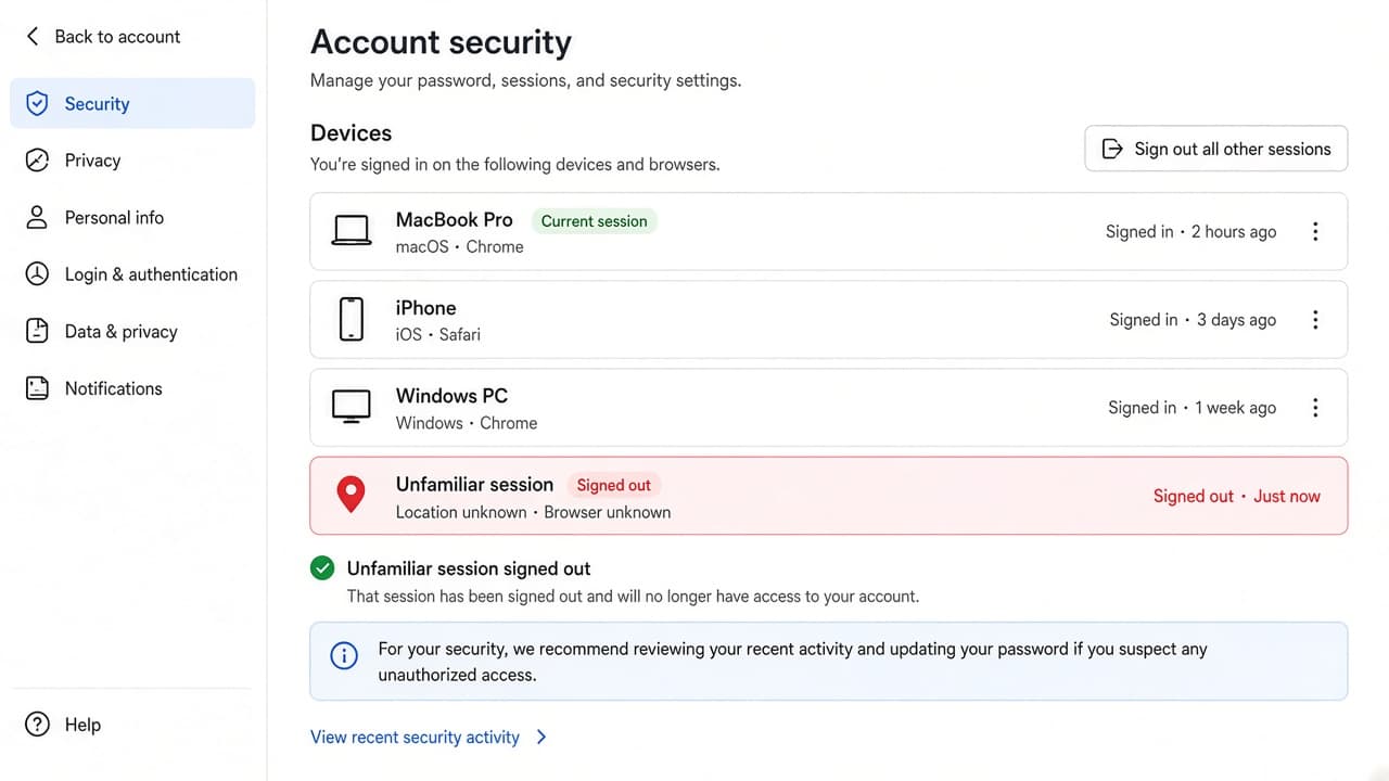 Google device list with an unfamiliar session being signed out