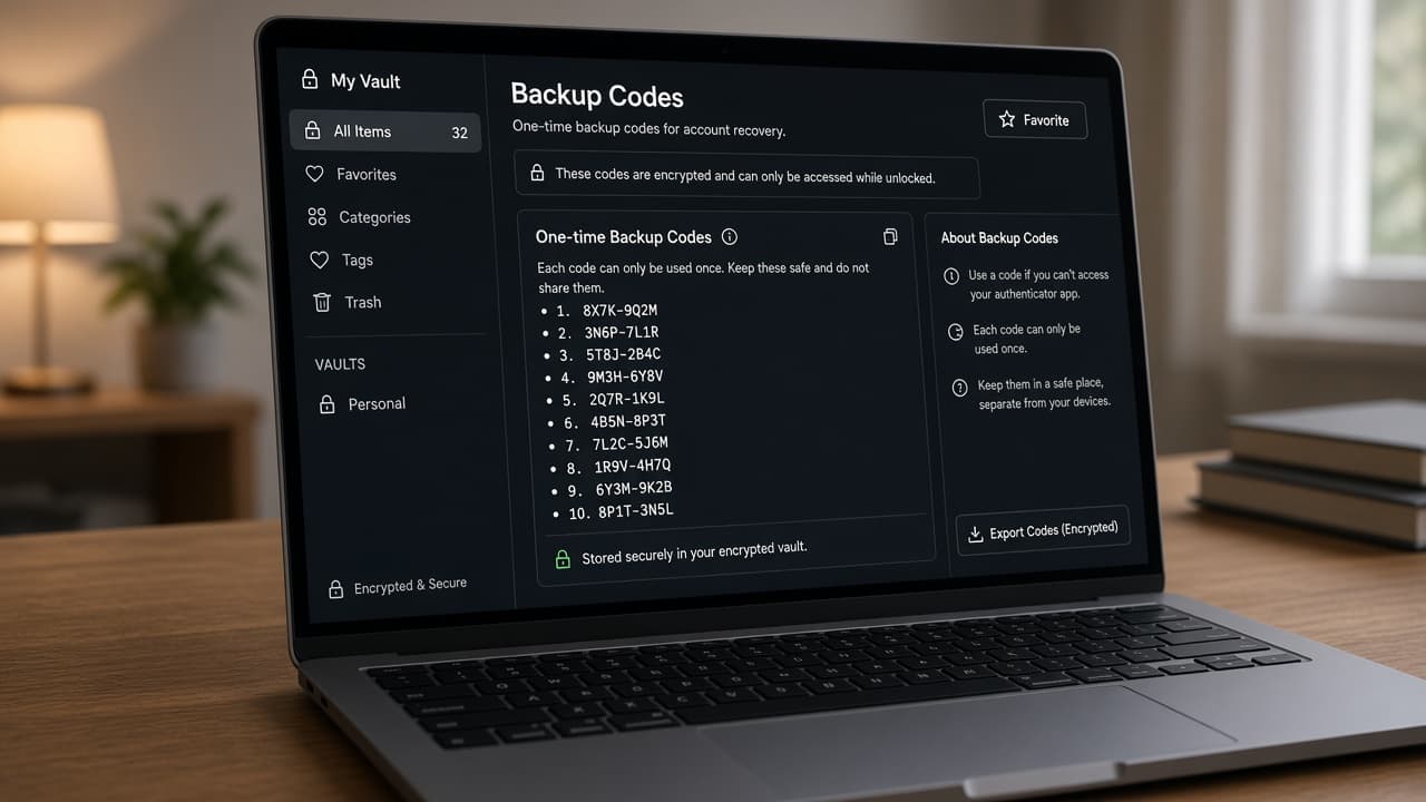 Backup codes saved into an encrypted password manager vault