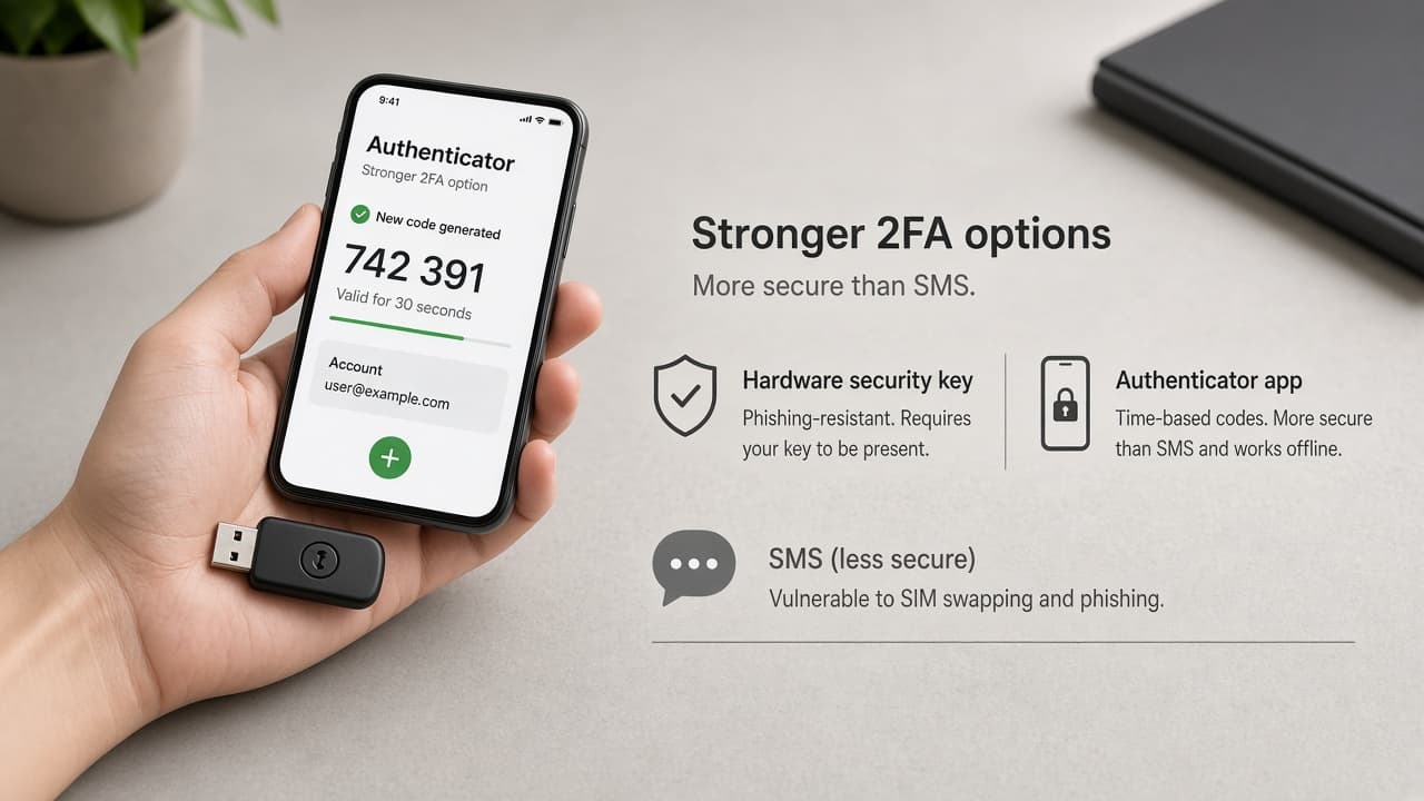 Security key and authenticator app offered beside SMS as stronger 2FA