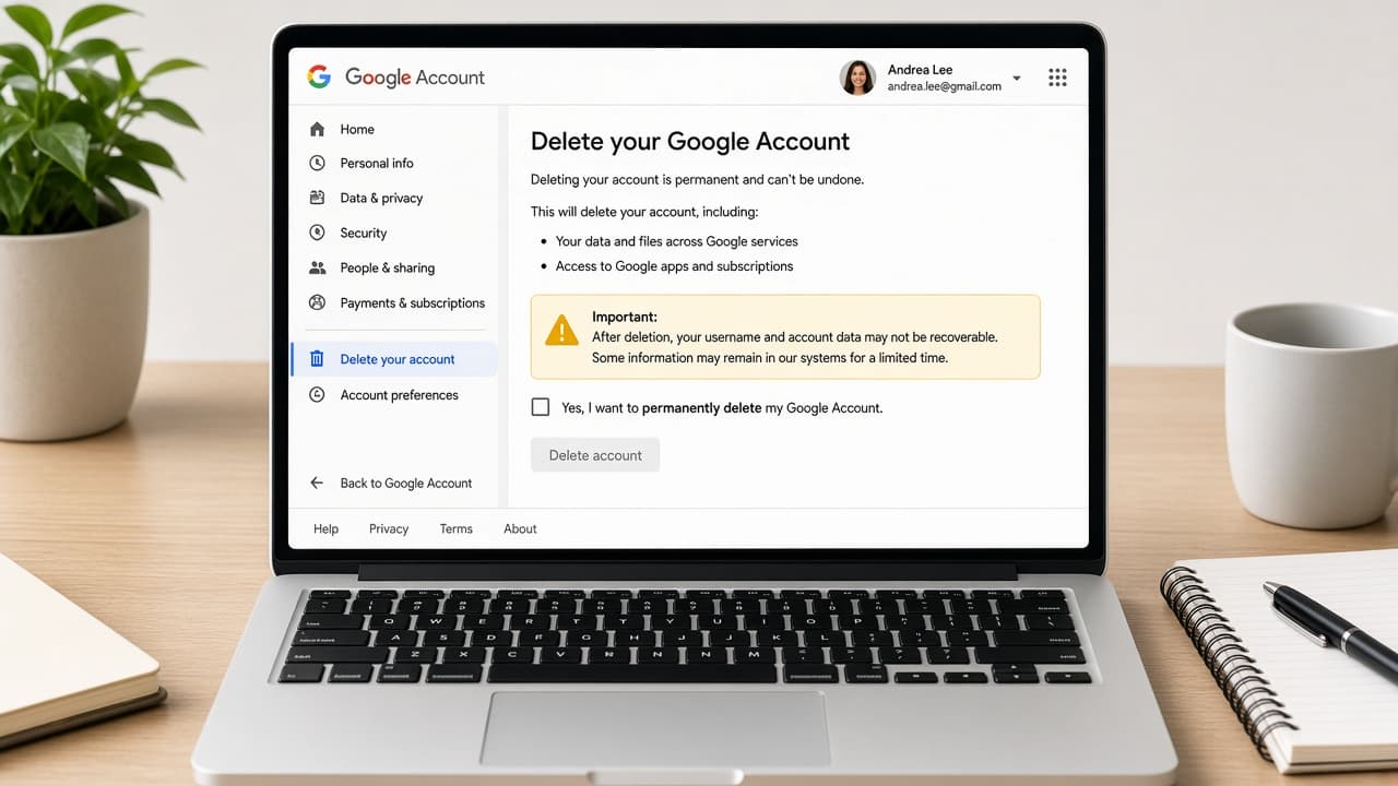 Browser open to Google Account Data and privacy with delete options visible