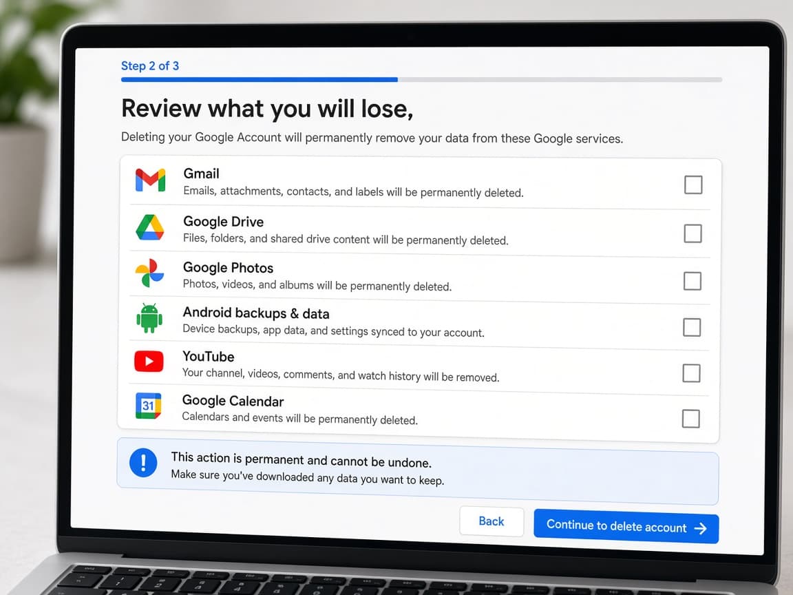 Checklist of Google services affected by account deletion