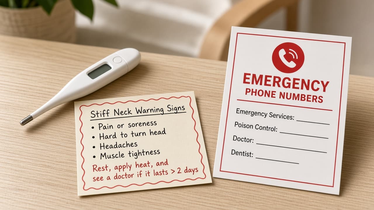 Thermometer and stiff-neck warning note beside emergency phone number
