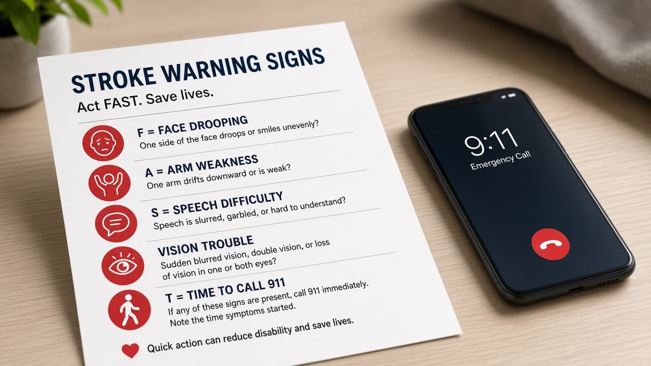Stroke warning signs checklist with phone prepared to call emergency services