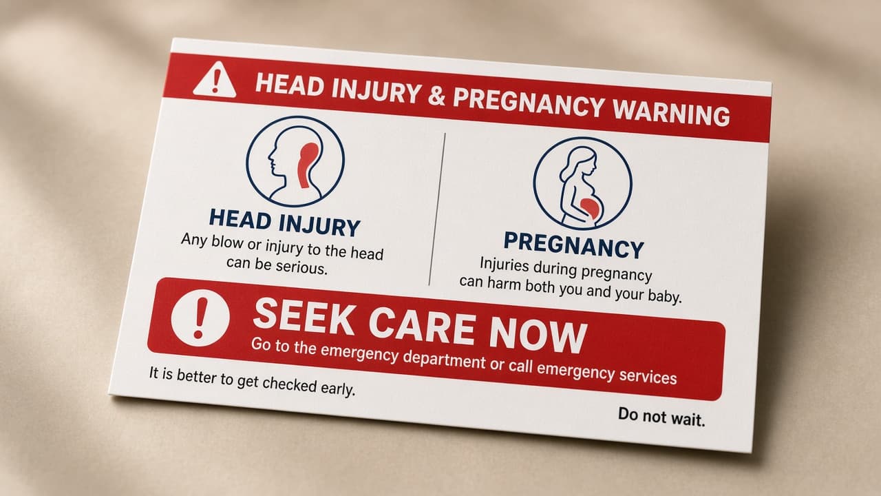Head injury and pregnancy warning card marked seek care now
