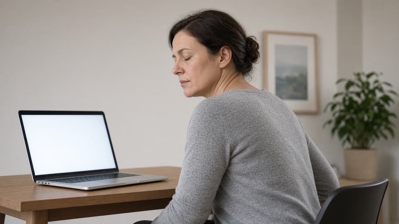 Person doing gentle shoulder rolls away from a bright screen