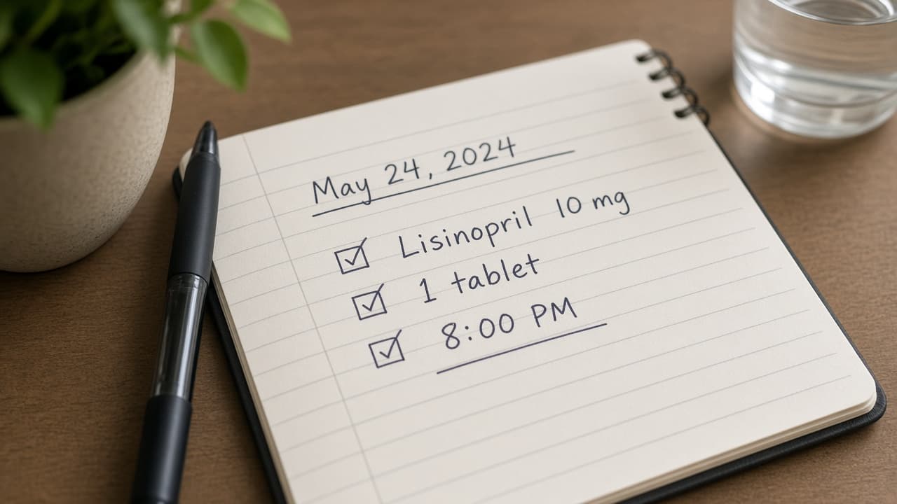 Notebook entry with medicine name dose and clock time