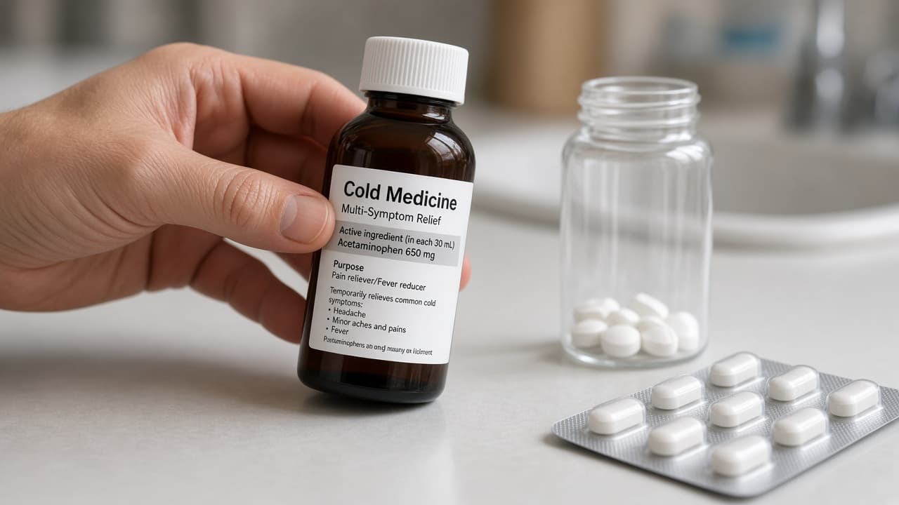 Cold medicine label checked for acetaminophen before adding a pain tablet
