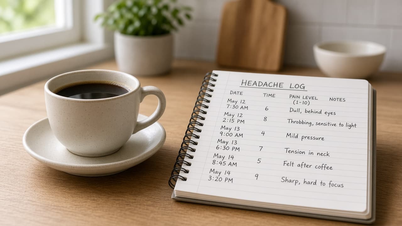 Usual coffee cup measured beside a headache log