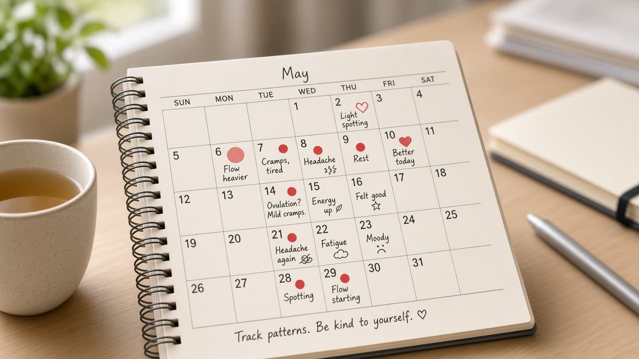 Calendar with headache marks and menstrual cycle notes