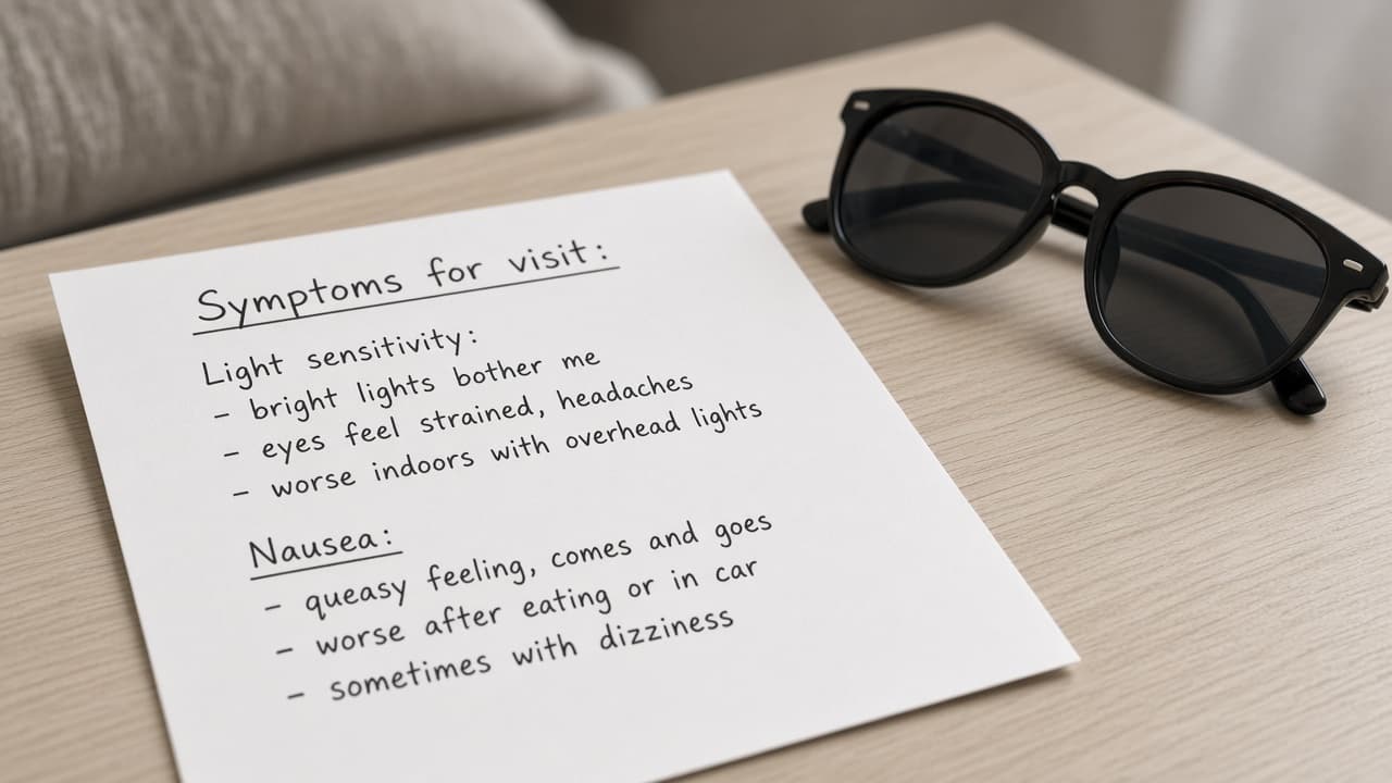 Notes about light sensitivity and nausea prepared for a clinic visit
