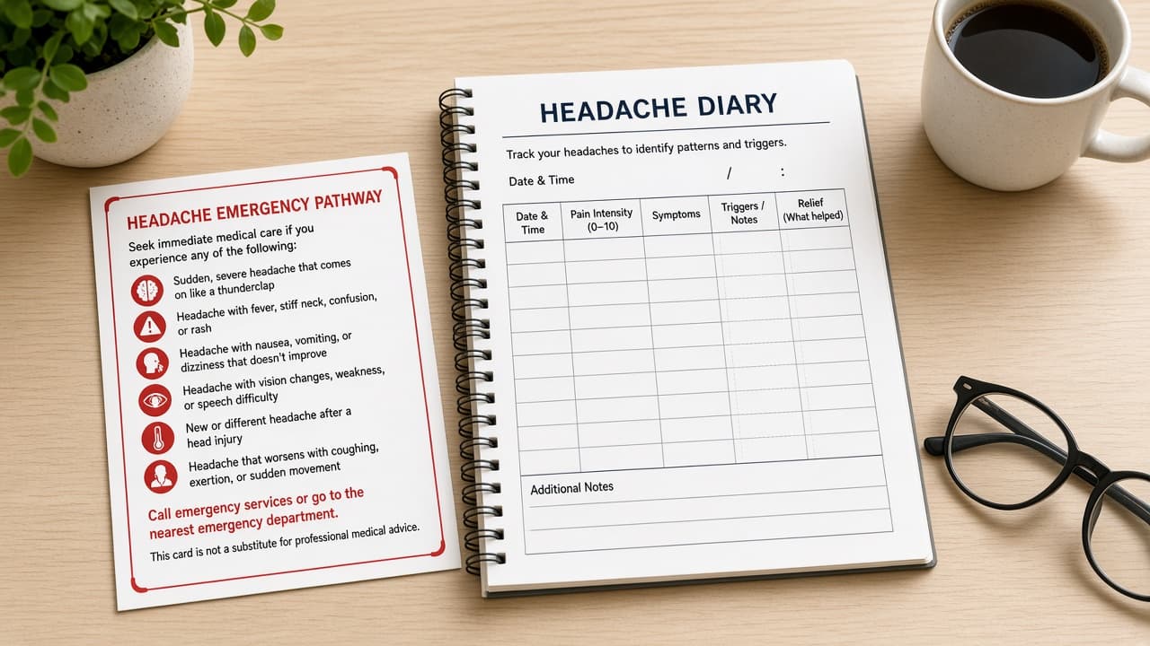 Emergency pathway card kept with the headache diary