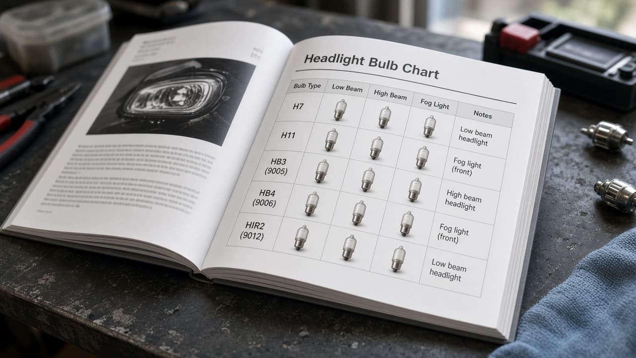Owner manual open to a headlight bulb chart on a workbench