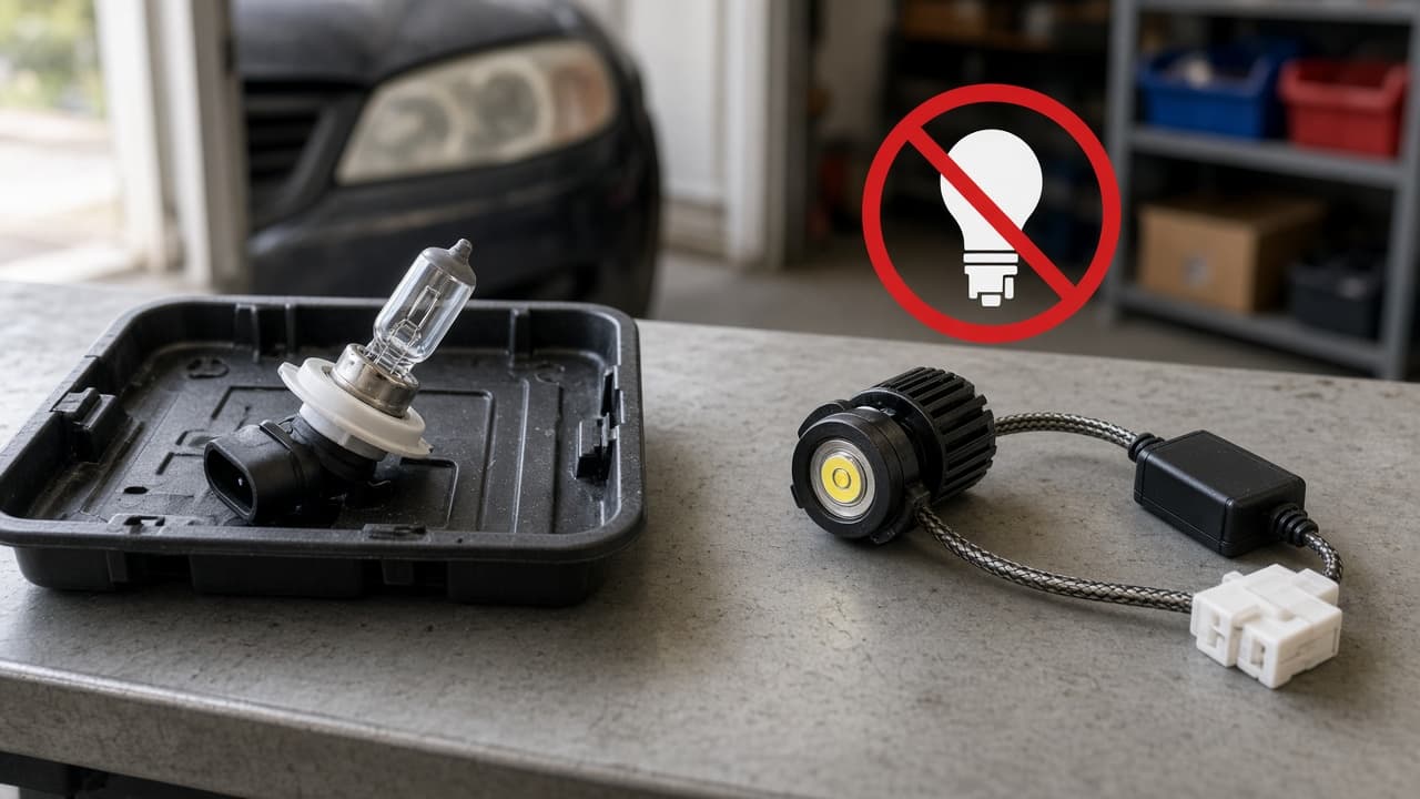 Halogen bulb kept as the specified part beside an unapproved conversion set aside