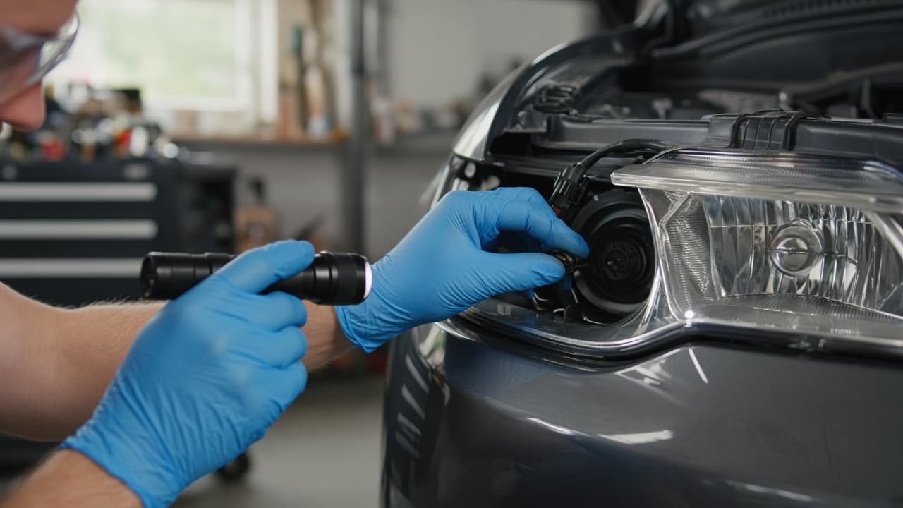 Nitrile gloves eye protection and flashlight staged for headlight work