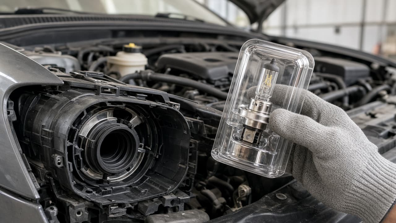 New headlight bulb kept inside its protective package until installation