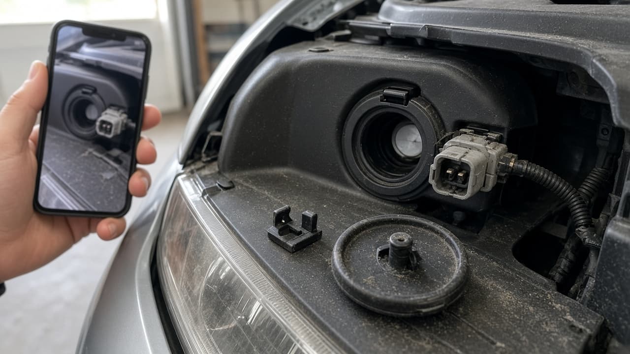 Phone photo of headlight connector dust cap and retainer before disassembly