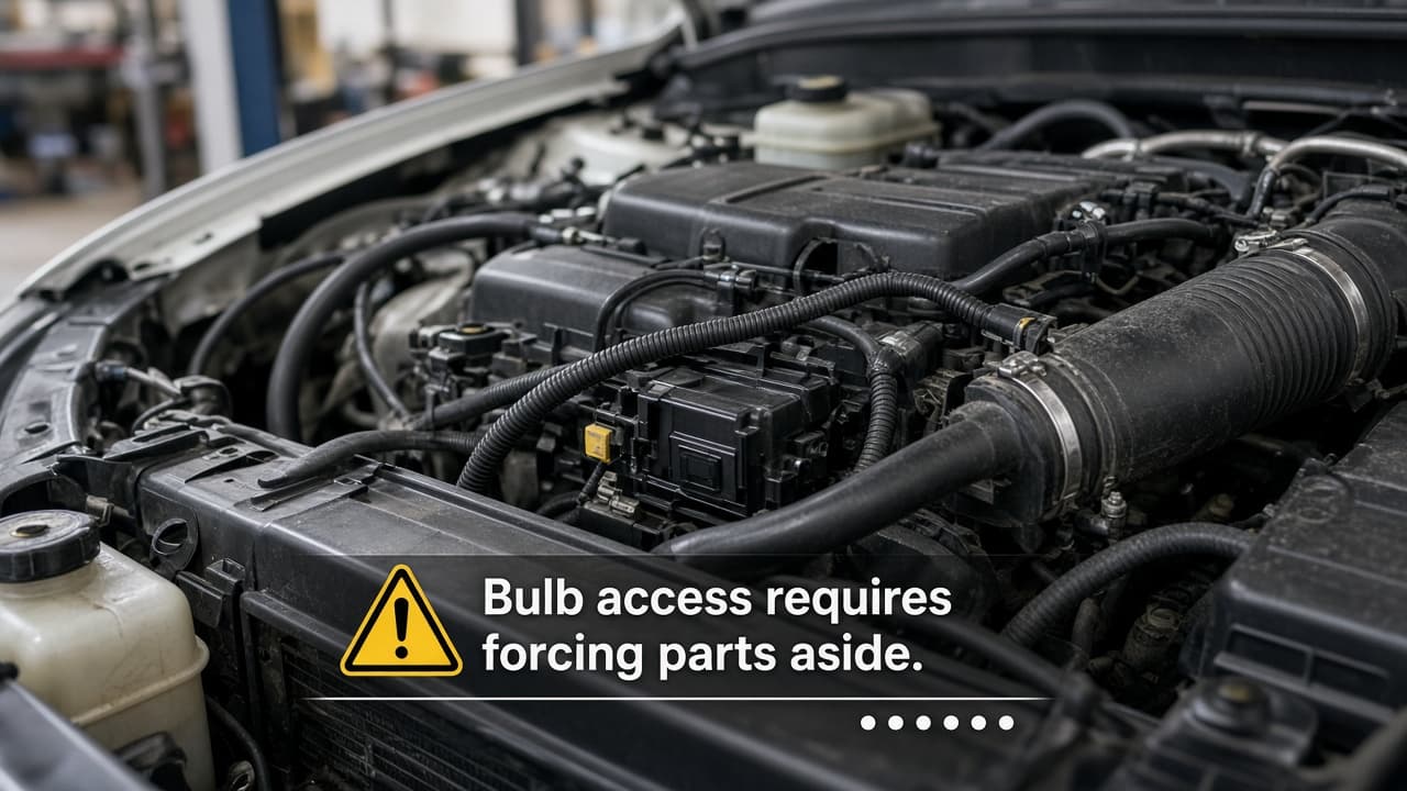 Crowded engine bay marked as stop if the bulb needs forced access