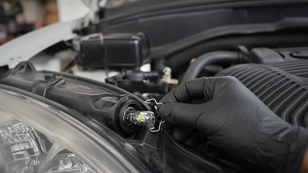 Spring clip retainer released on a headlight bulb base