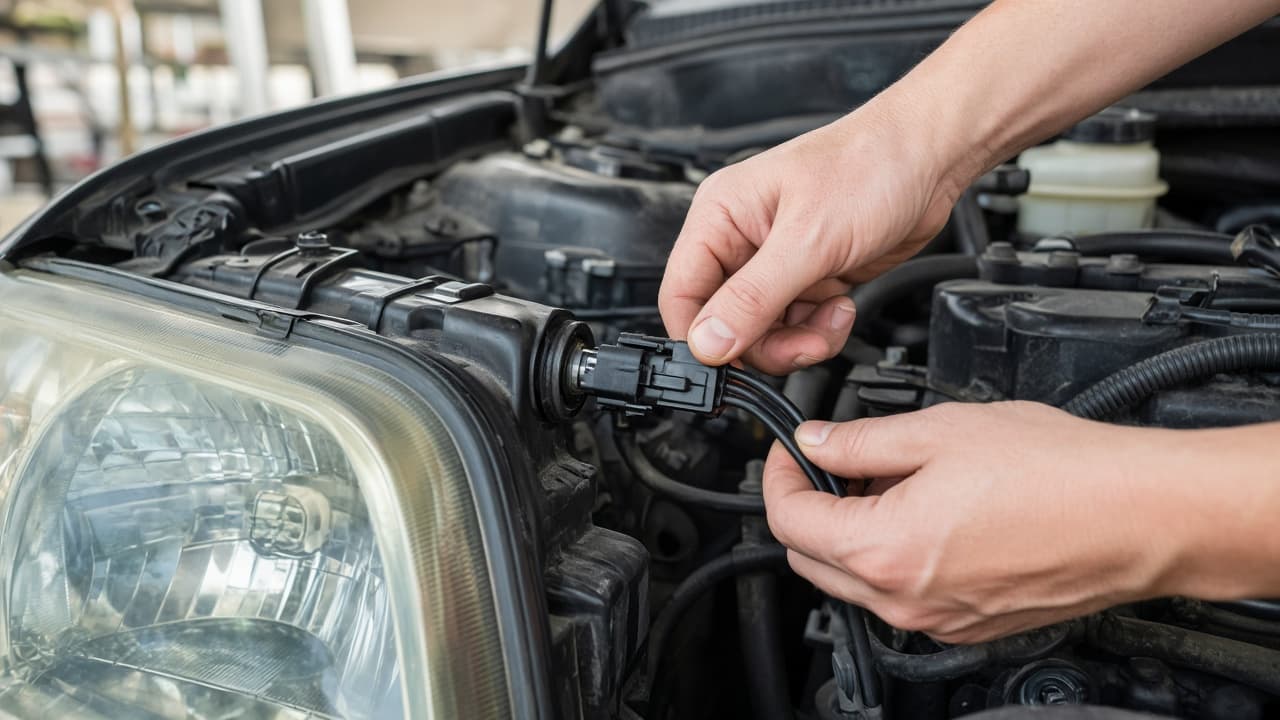 Hands pulling the connector body instead of the headlight wires