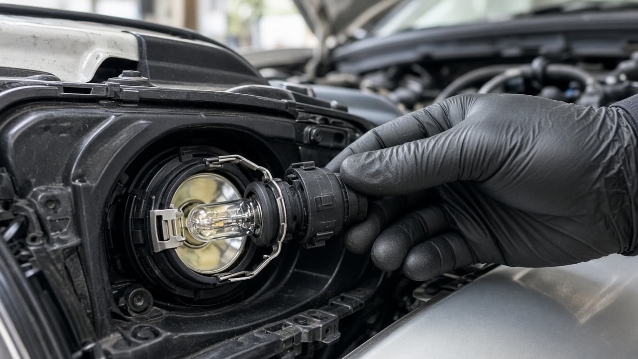 Retaining clip locked over a newly seated headlight bulb