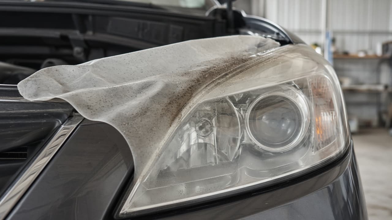 Loose one-sided dust cover marked as a moisture risk on a headlight