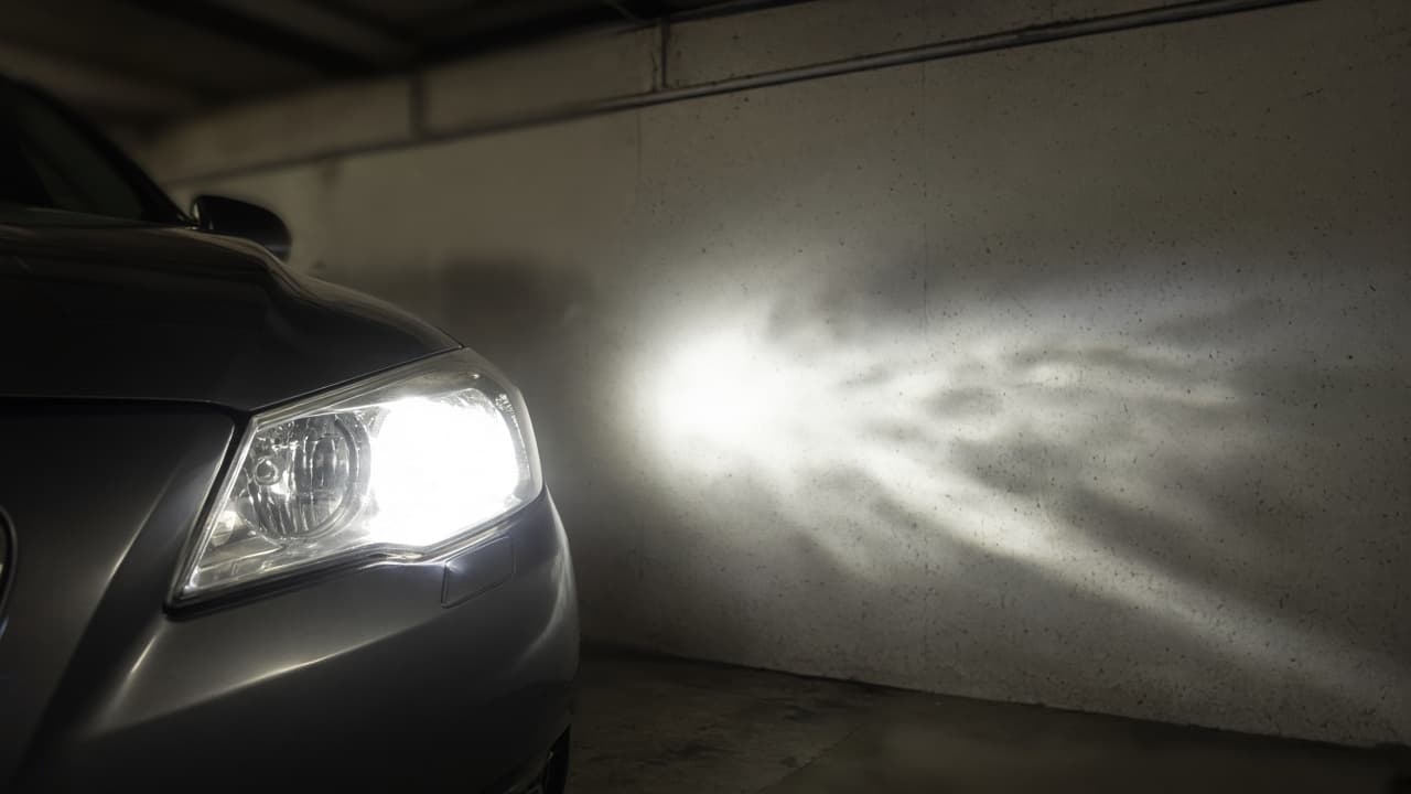 Unsafe glare beam pattern on a wall marked as a reason for professional help