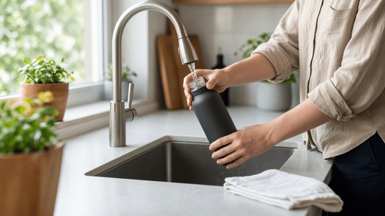 Reusable water bottle, glass of water and fruit on a kitchen counter in daylight