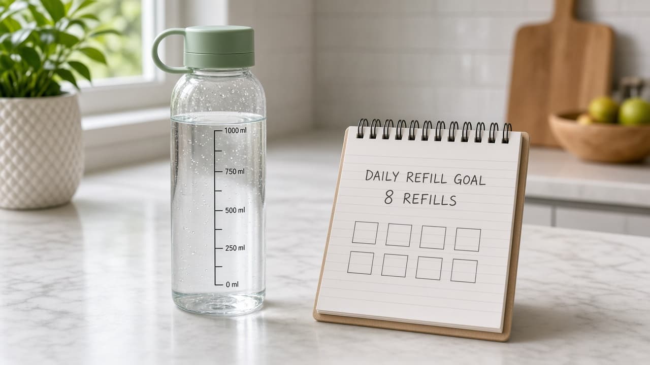 Reusable water bottle beside a morning coffee mug on a kitchen counter