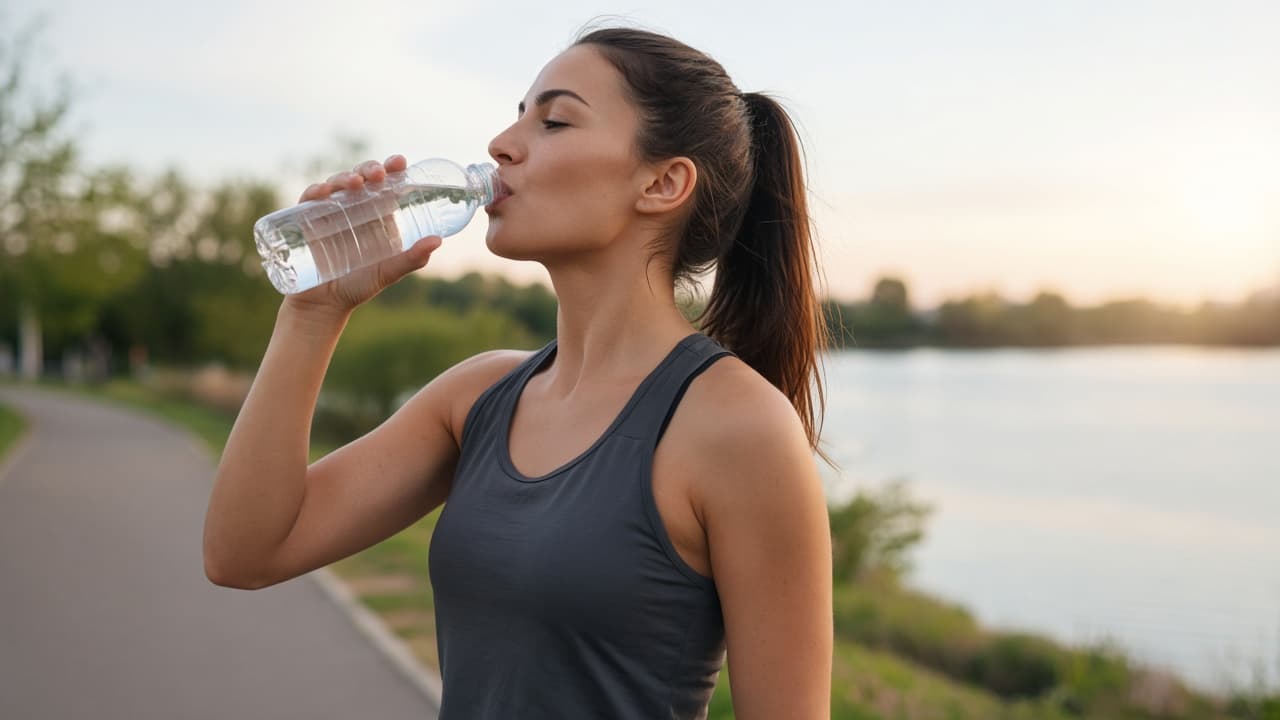 Phone reminder labeled drink water beside a half-full bottle