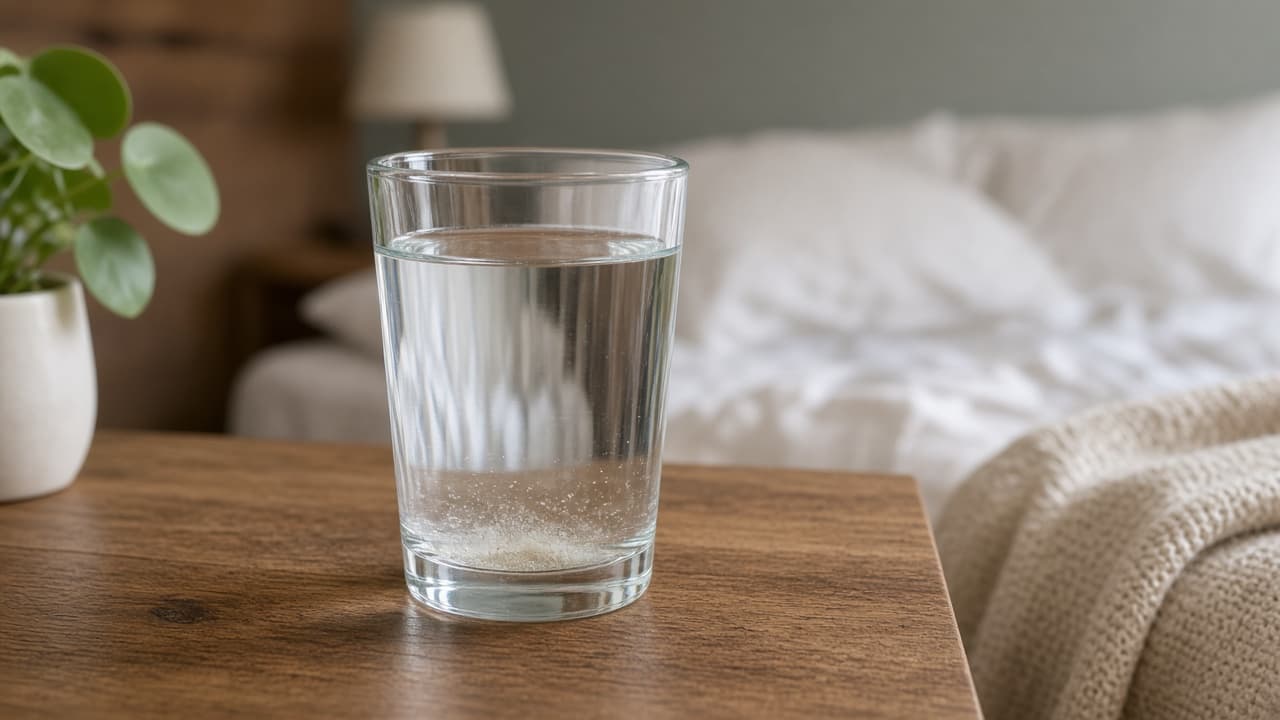 Juice glass beside a balanced plate with fruit and vegetables