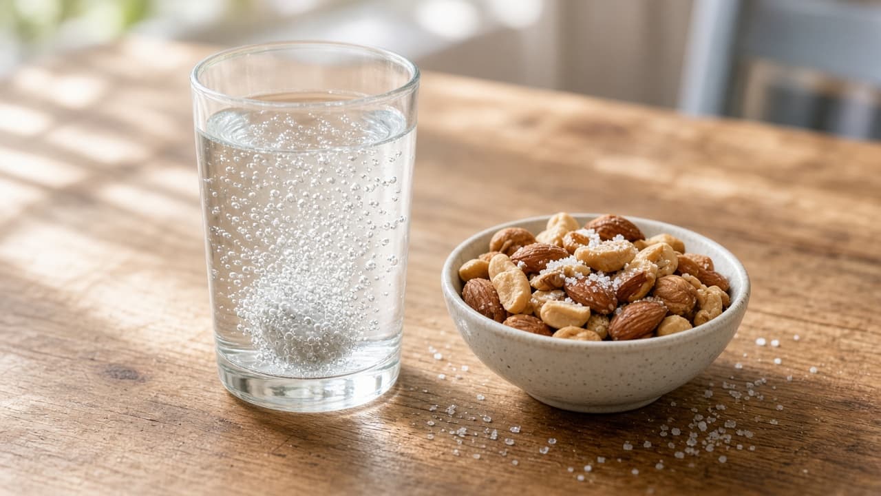 Vitamin bottle beside a water glass on a bathroom shelf