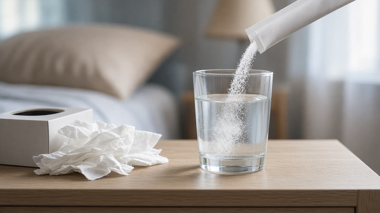 Phone ready to call a clinic beside oral rehydration supplies