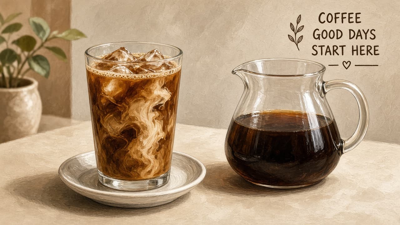 Glass of iced coffee with ice cubes and a splash of milk