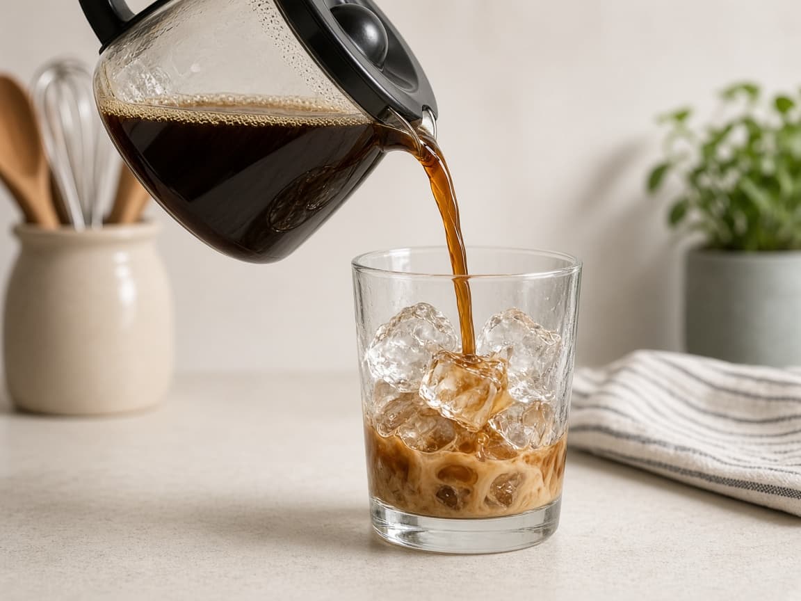 Coffee poured from a carafe over a glass of ice