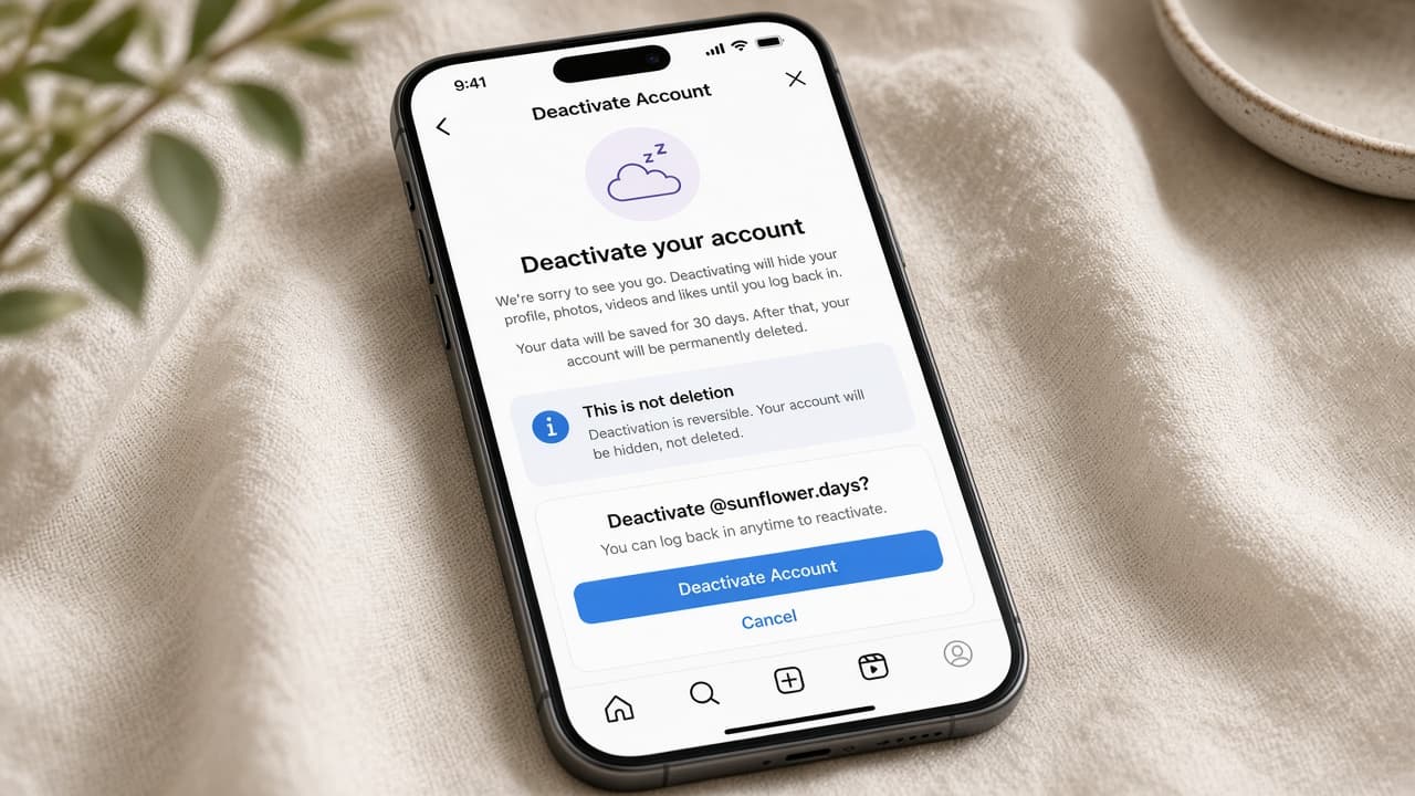 Phone showing Instagram Accounts Center with Deactivate account selected