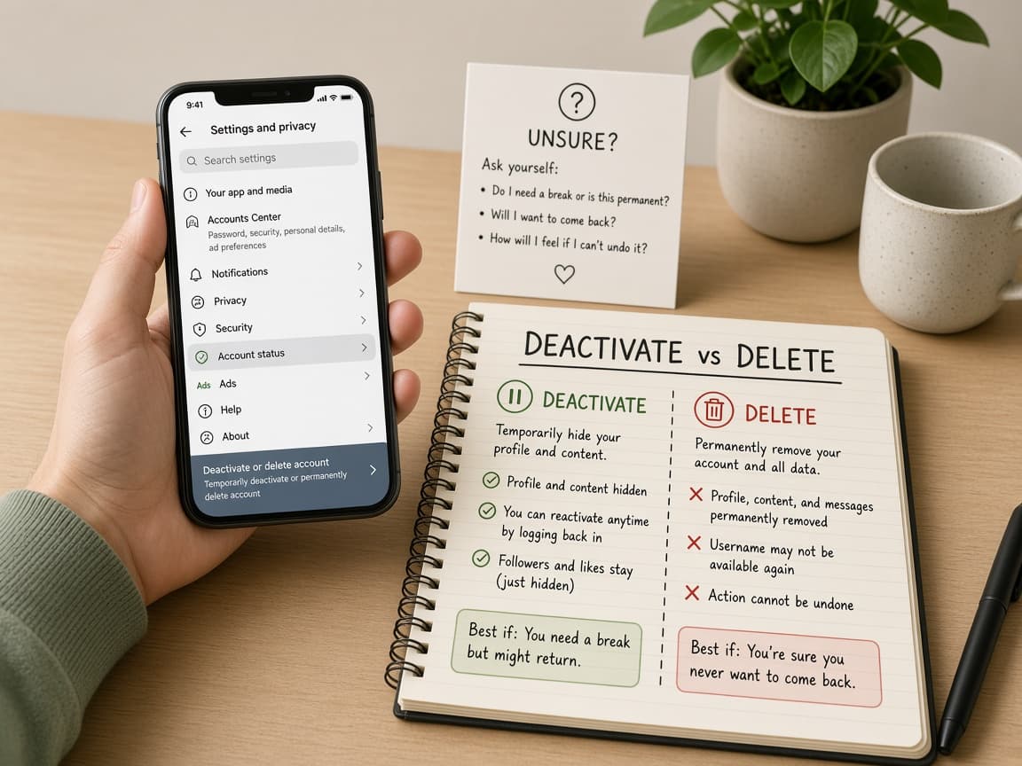 Decision card comparing Instagram Deactivate and Delete
