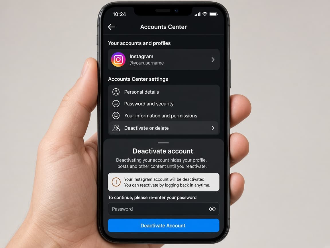 Deactivate account option selected in Accounts Center
