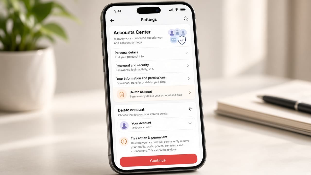 Phone screen showing Instagram profile settings with Accounts Center highlighted