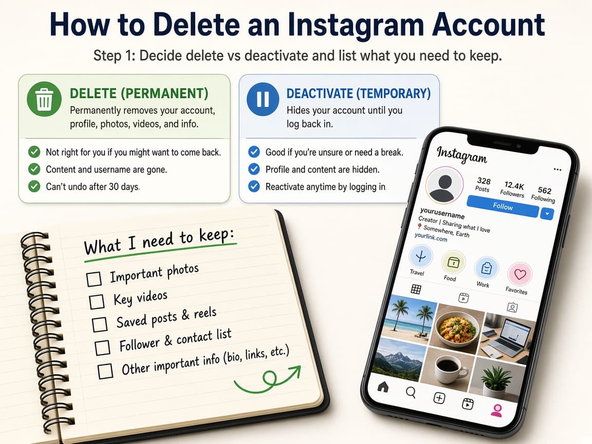 Notebook checklist beside a phone showing an Instagram profile