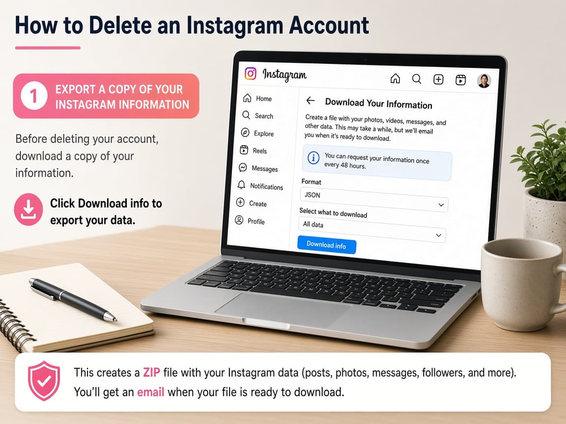 Laptop showing an Instagram information export download prompt